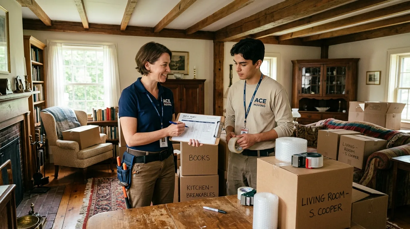 Discussing a move among packed boxes Two people discussing paperwork in a furnished room surrounded by packed cartons.