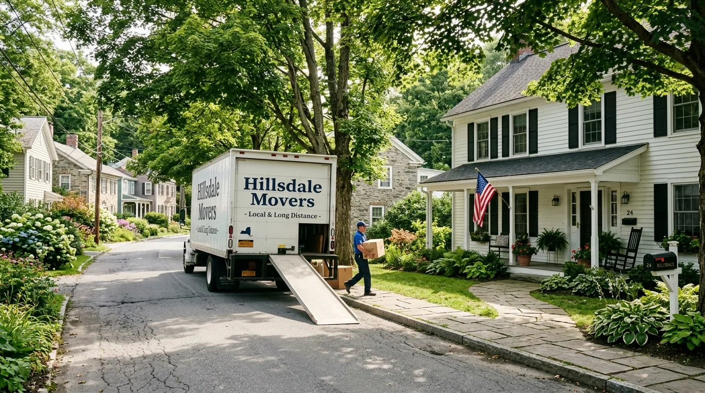 Moving truck parked on a narrow village street near a clapboard house in Hillsdale Moving truck parked on a narrow village street near a clapboard house in Hillsdale.