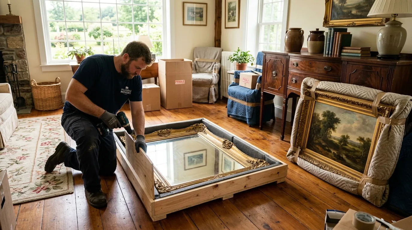 Mover crating a framed mirror and wrapping art in a sunlit room with hardwood floors Mover crating a framed mirror and wrapping art in a sunlit room with hardwood floors.