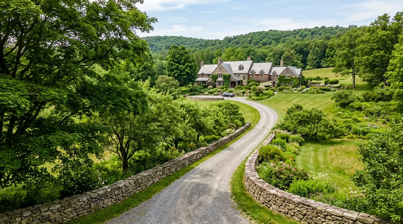 Estate driveway with stone walls and mature trees leading to a historic home in Hillsdale Estate driveway with stone walls and mature trees leading to a historic home in Hillsdale.