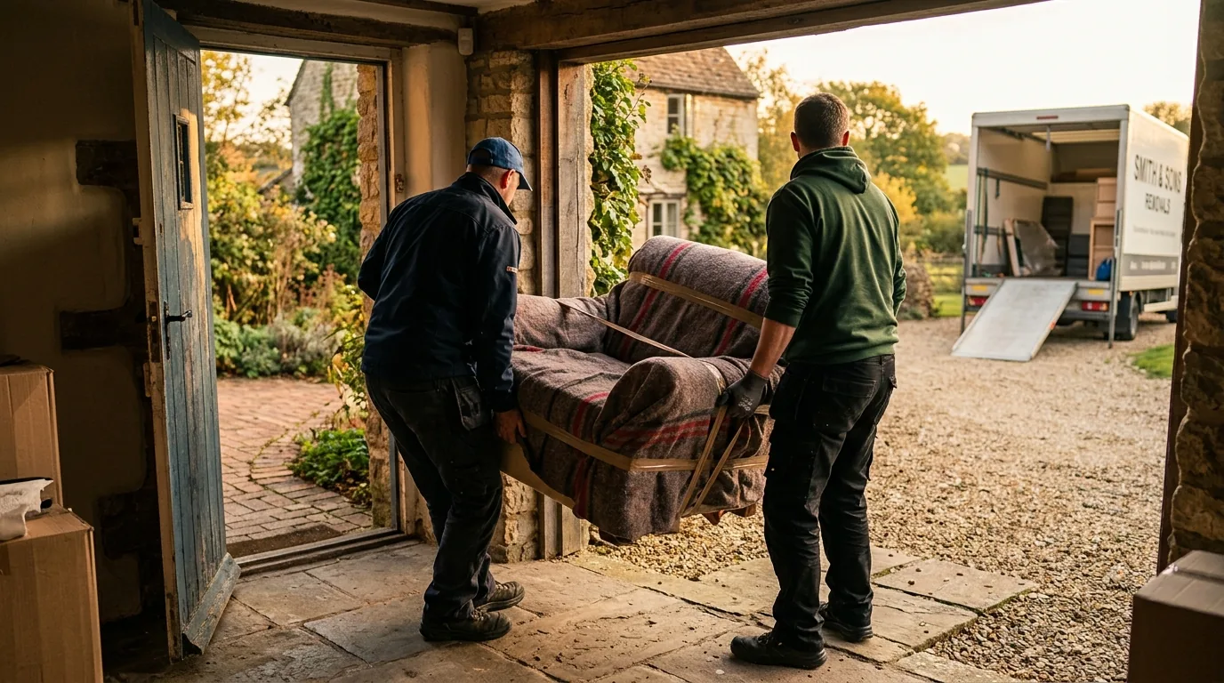 Movers carrying a wrapped armchair through a farmhouse doorway toward a moving truck Movers carrying a wrapped armchair through a farmhouse doorway toward a moving truck.