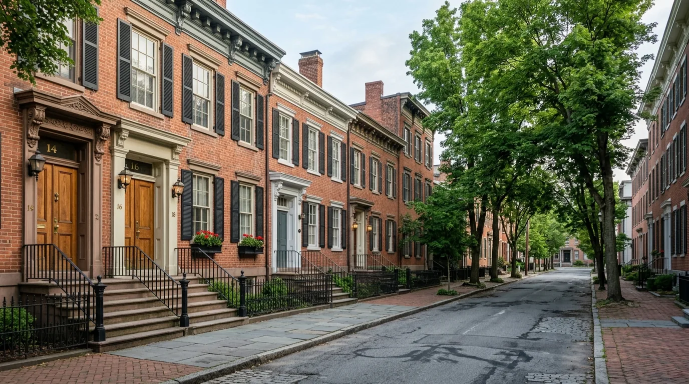 Tree-lined street with historic brick rowhouses and townhomes in Hudson, NY.