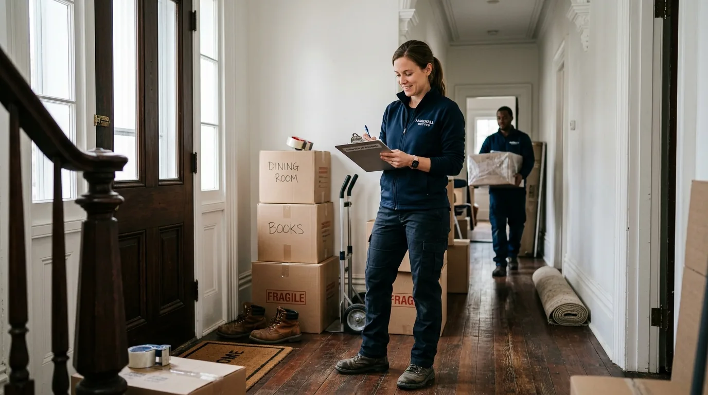Crew lead with clipboard planning a move in a Greek Revival townhouse hallway Crew lead with clipboard planning a move in a Greek Revival townhouse hallway.