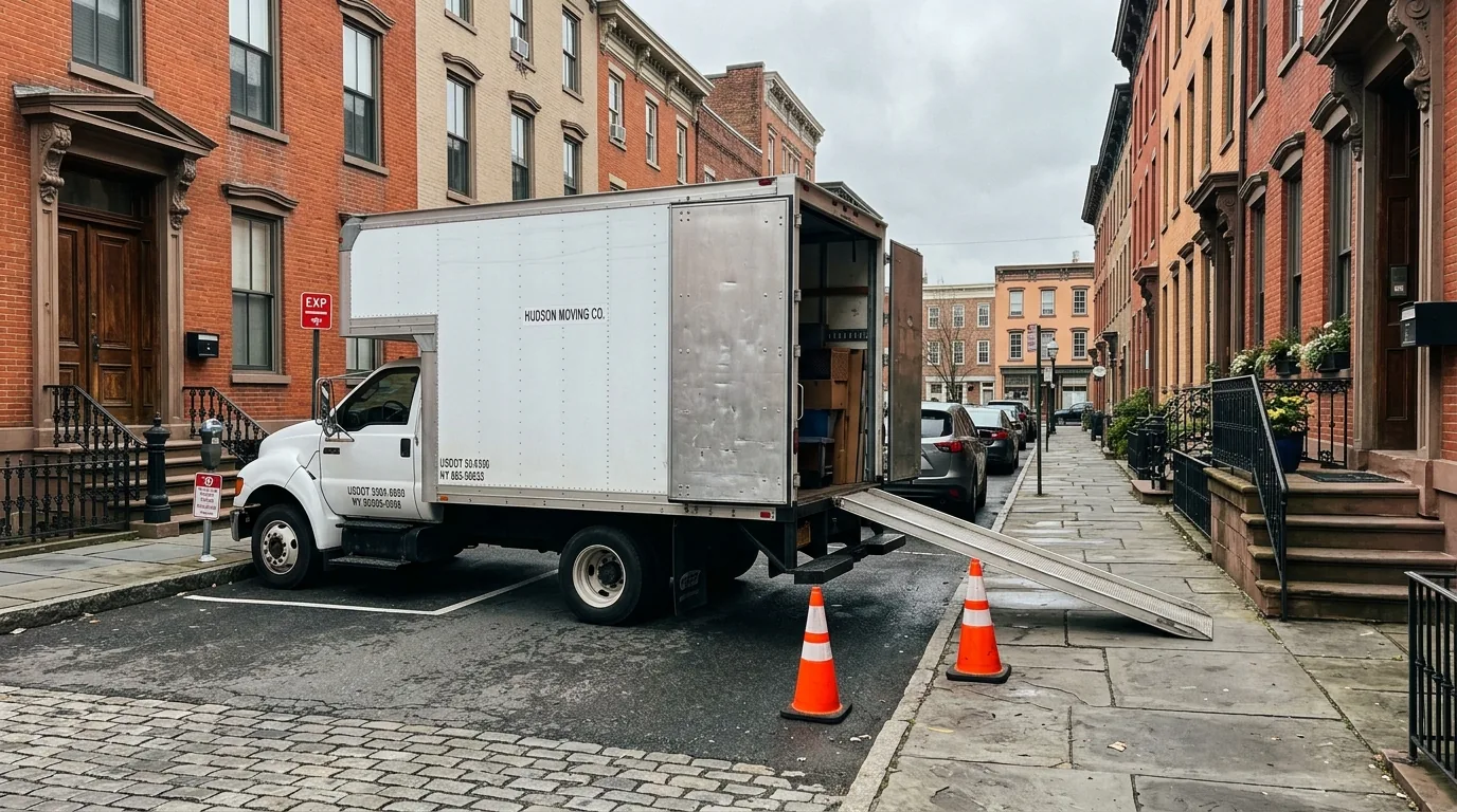 Moving truck parked with cones on a narrow street lined with historic buildings in Hudson.