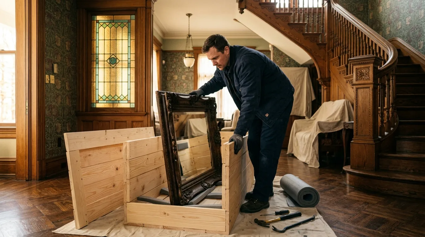 Mover crating a large framed mirror in the foyer of a Queen Anne home Mover crating a large framed mirror in the foyer of a Queen Anne home.