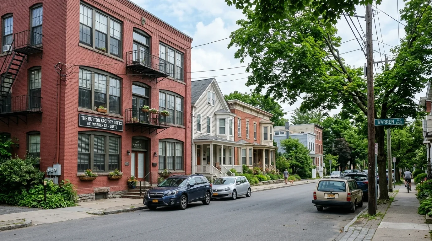 Converted loft buildings and small apartments on a leafy street in north Hudson Converted loft buildings and small apartments on a leafy street in north Hudson.