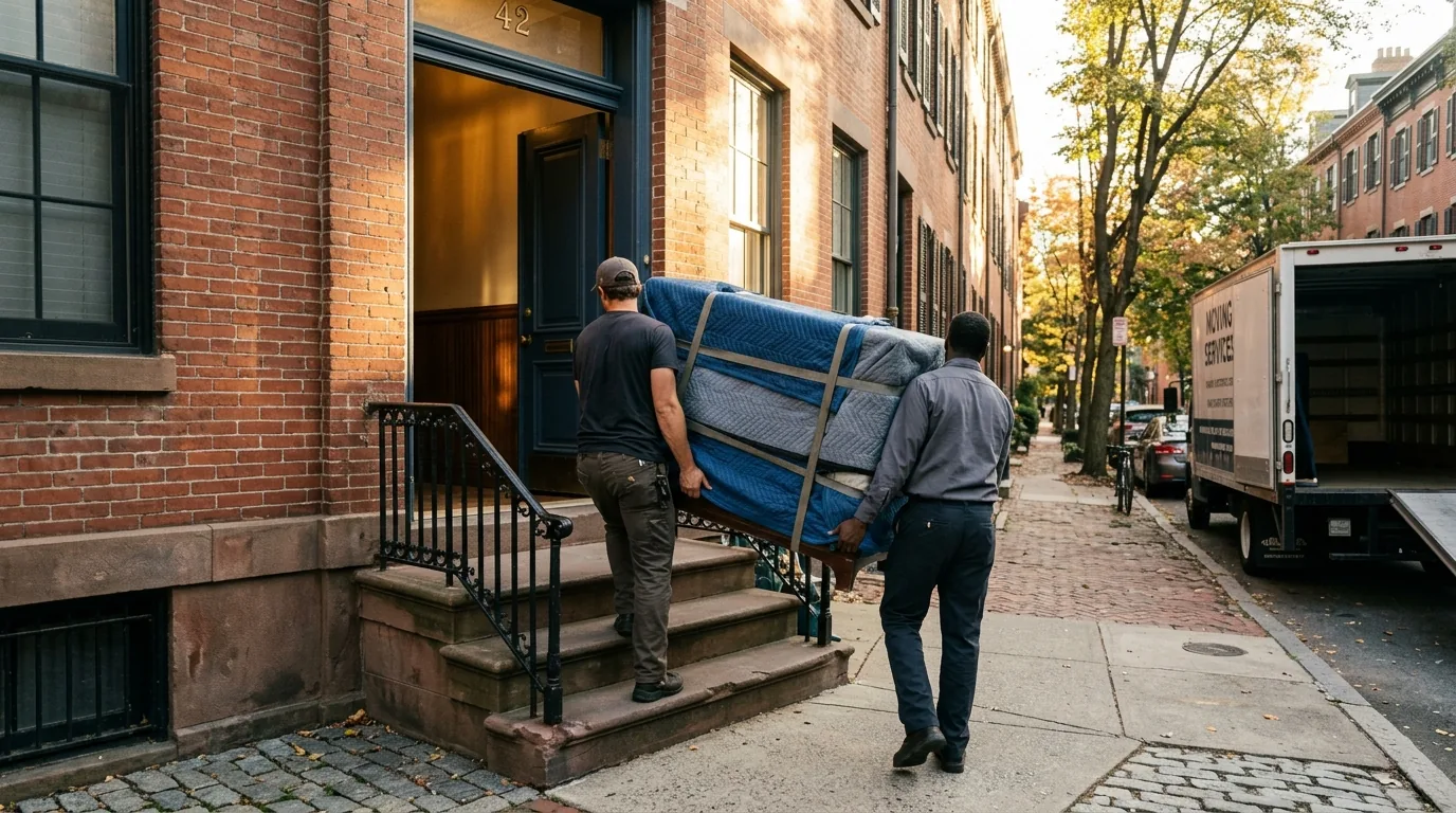 Movers carrying a wrapped dresser through a rowhouse doorway toward a moving truck.