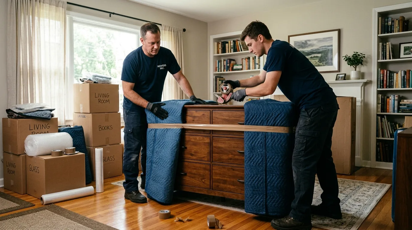 Movers wrapping a dresser with blankets and tape in a Lebanon home Movers wrapping a dresser with blankets and tape in a Lebanon home.