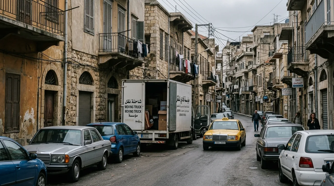 Tight street-access illustration An illustrative narrow street with stone buildings, parked vehicles and a delivery truck.