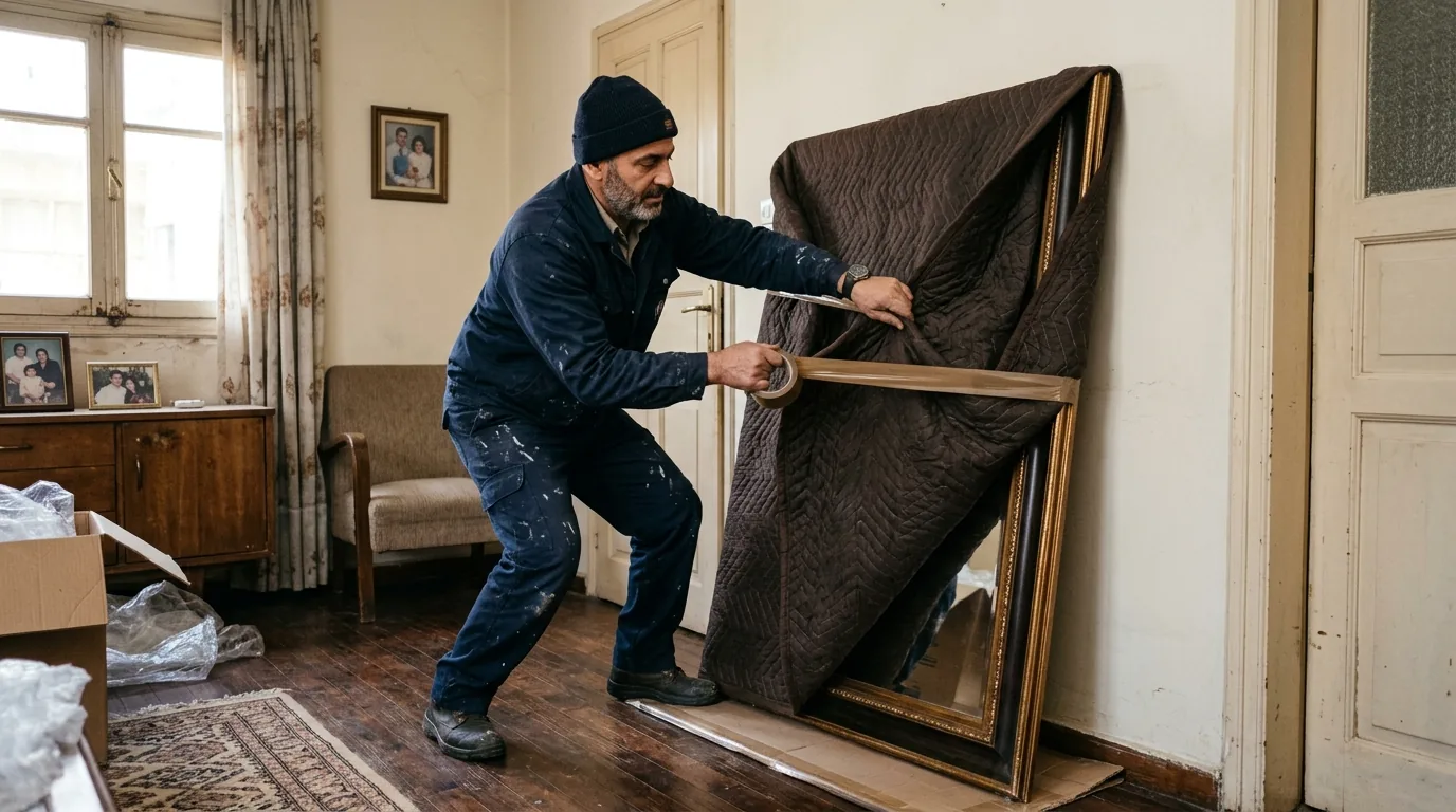 Mover wrapping a large mirror with a blanket in a Lebanon home Mover wrapping a large mirror with a blanket in a Lebanon home.