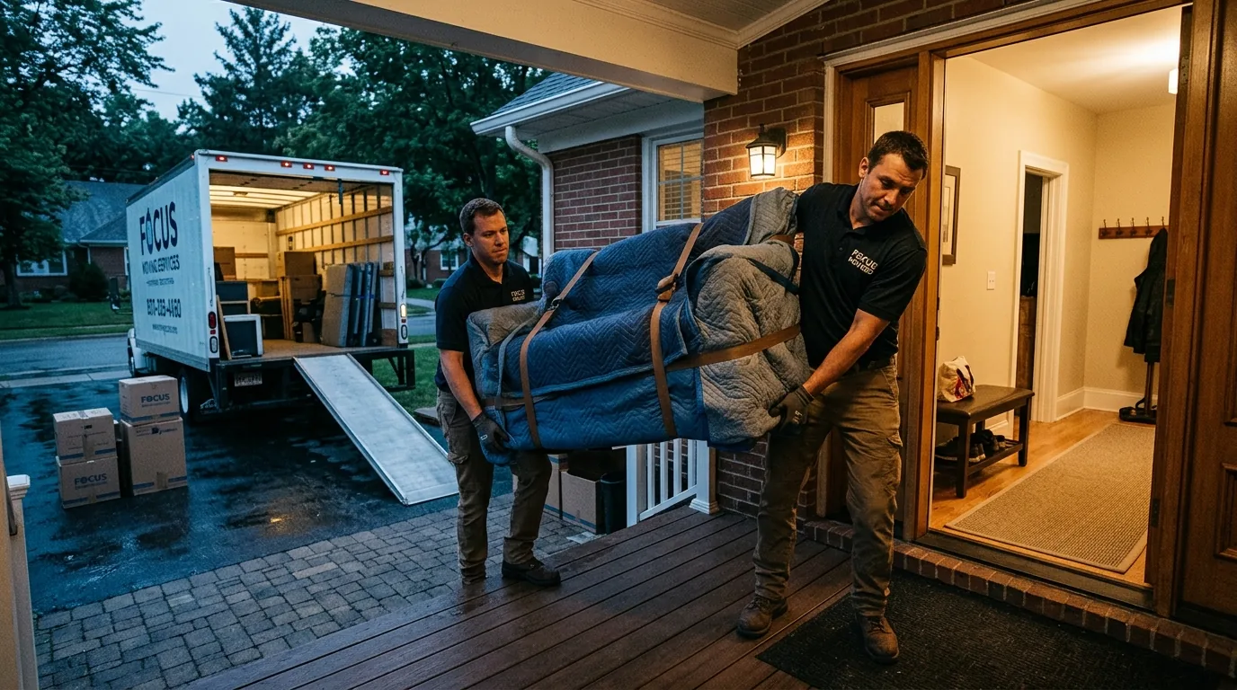 Movers carrying a wrapped item out of a Lebanon home toward a truck Movers carrying a wrapped item out of a Lebanon home toward a truck.