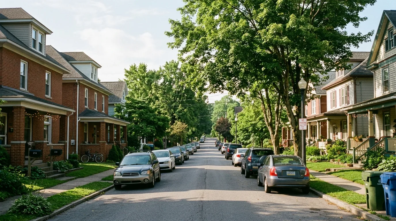 Tree-lined street in Lock Haven with older brick homes and parked cars on both sides Tree-lined street in Lock Haven with older brick homes and parked cars on both sides.