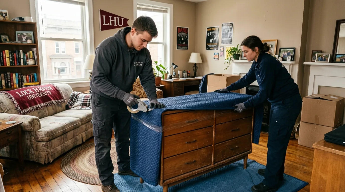 Movers wrapping a wooden dresser with blankets and tape in a Lock Haven living room Movers wrapping a wooden dresser with blankets and tape in a Lock Haven living room.