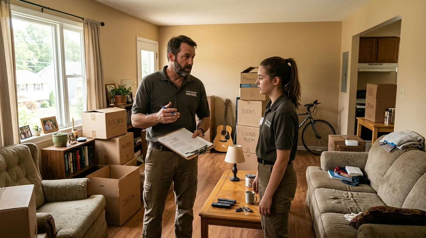 Crew lead with clipboard planning a move in a Lock Haven apartment living room Crew lead with clipboard planning a move in a Lock Haven apartment living room.