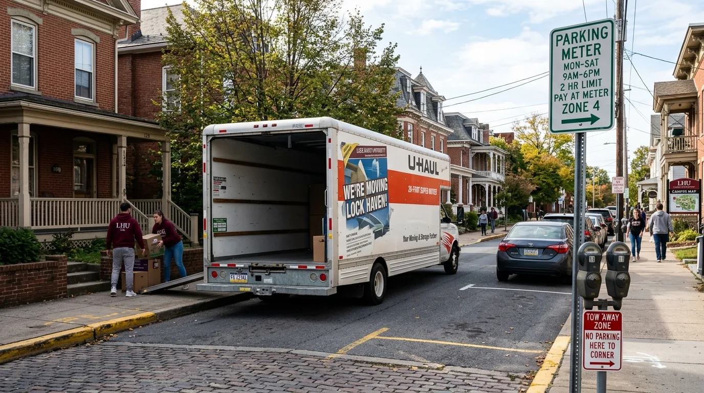 Moving truck parked on a narrow Lock Haven street with metered parking and older homes.
