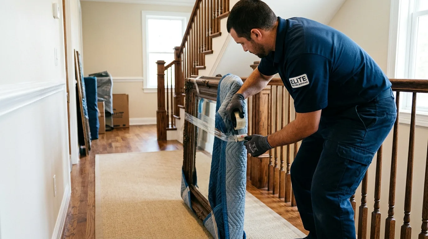 Mover blanket-wrapping a large mirror in a Lock Haven home hallway Mover blanket-wrapping a large mirror in a Lock Haven home hallway.