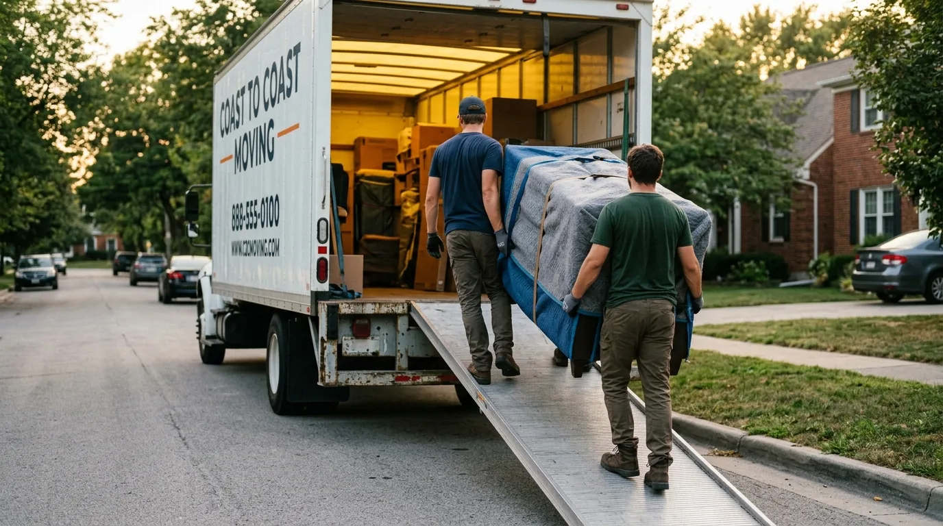 Movers carrying a wrapped piece of furniture into a truck at dusk in Lock Haven.