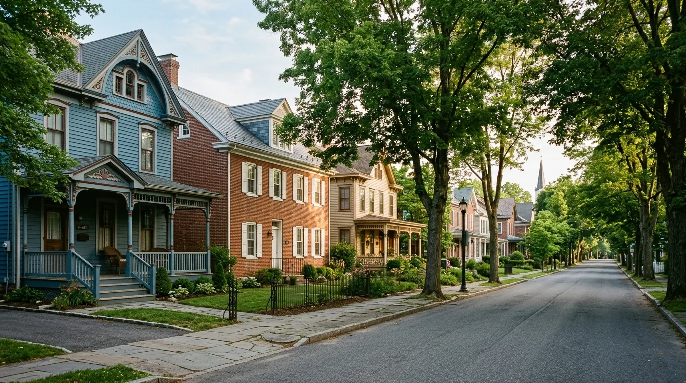 Tree-lined street in Milford, PA with historic Victorian and brick homes in early morning light Tree-lined street in Milford, PA with historic Victorian and brick homes in early morning light.