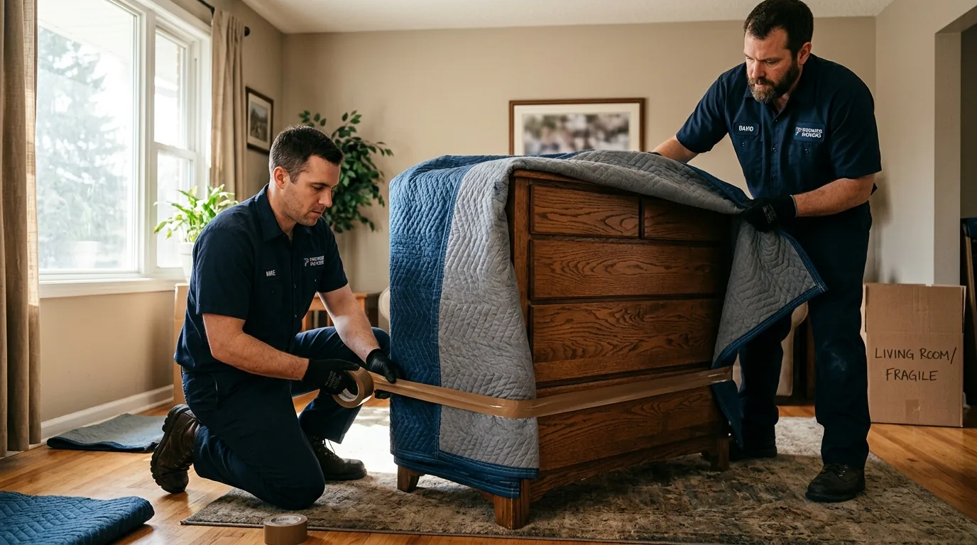 Movers wrapping a wooden dresser with blankets and tape inside a Milford, PA home.