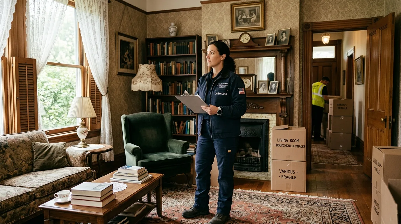 Crew lead with clipboard planning a move in a Victorian-style Milford living room.