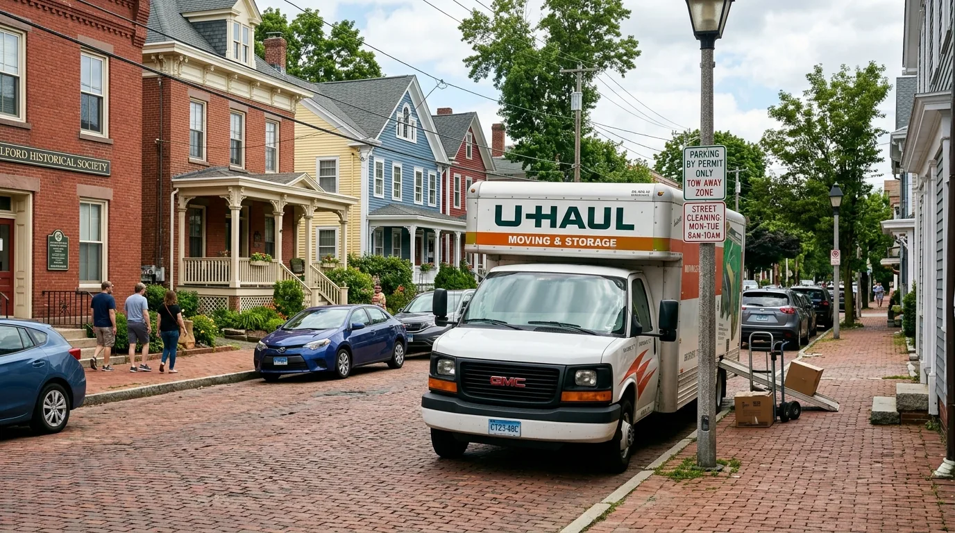 Moving truck parked on a narrow brick street in downtown Milford, PA near historic homes Moving truck parked on a narrow brick street in downtown Milford, PA near historic homes.