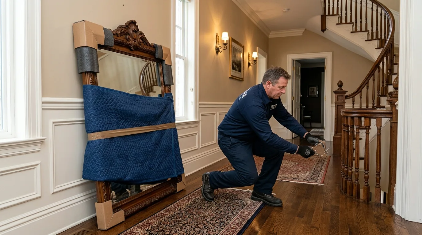 Mover wrapping an antique mirror with blankets in a Milford, PA period home hallway Mover wrapping an antique mirror with blankets in a Milford, PA period home hallway.