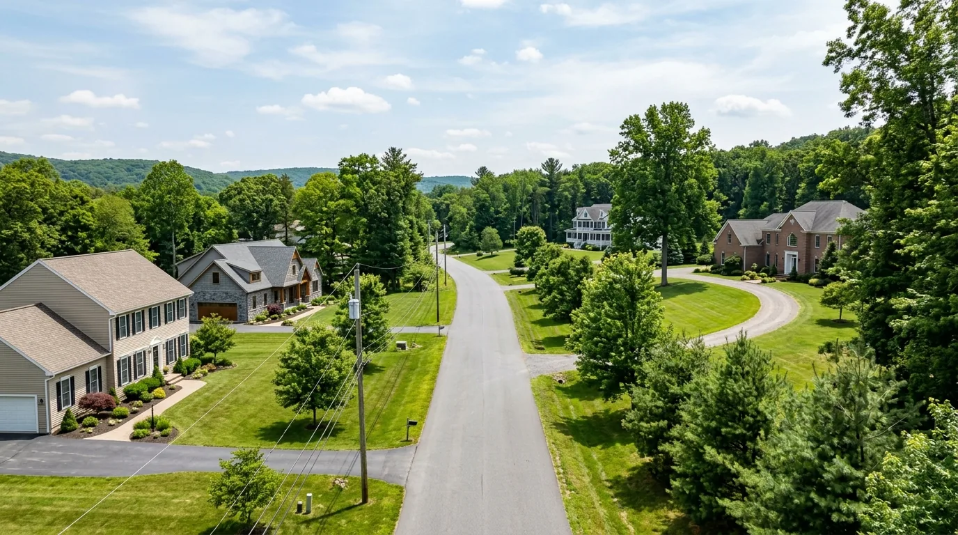 Residential street with newer homes and estates on Milford’s outskirts, surrounded by trees.