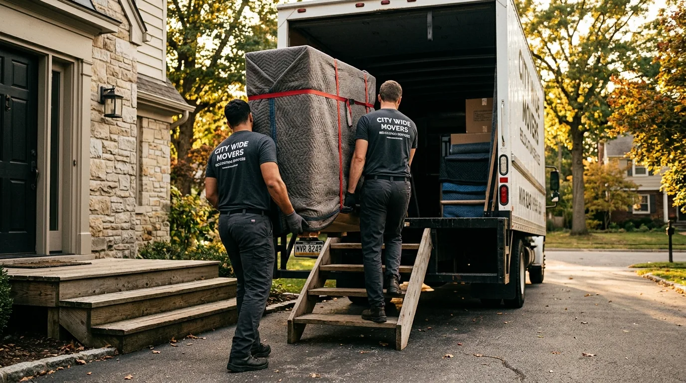 Movers carrying a wrapped piece of furniture into a truck at a Milford, PA home Movers carrying a wrapped piece of furniture into a truck at a Milford, PA home.