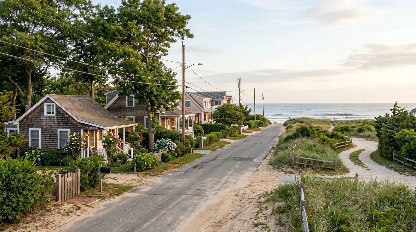 Tree-lined Montauk street with shingle cottages, beach houses, and dune grass Tree-lined Montauk street with shingle cottages, beach houses, and dune grass.