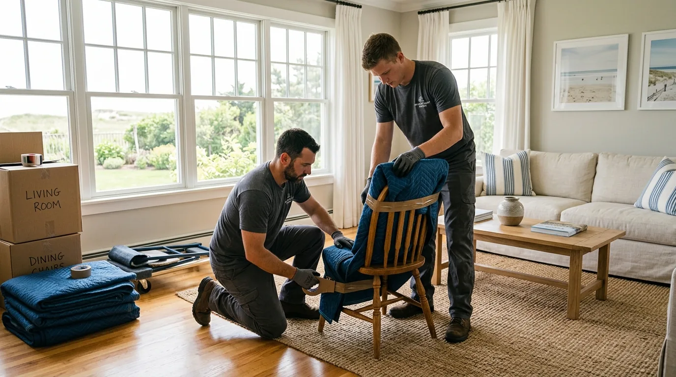 Movers wrapping a chair with blankets in a sunlit Montauk living room Movers wrapping a chair with blankets in a sunlit Montauk living room.