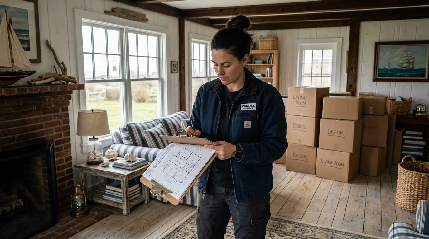 Mover with clipboard planning a move inside a Montauk cottage living room Mover with clipboard planning a move inside a Montauk cottage living room.