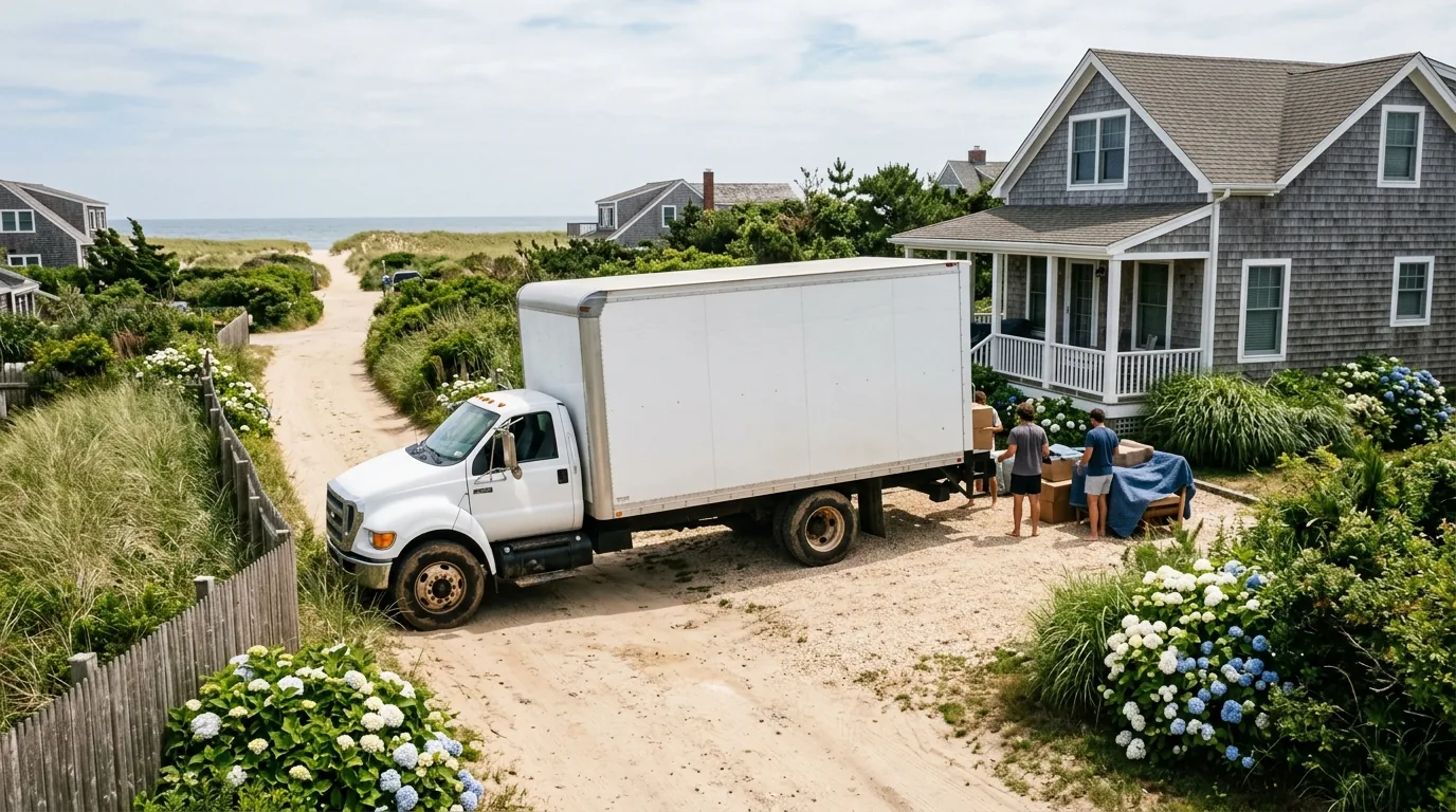 Unmarked moving truck parked in a sandy driveway by a Montauk beach house Unmarked moving truck parked in a sandy driveway by a Montauk beach house.