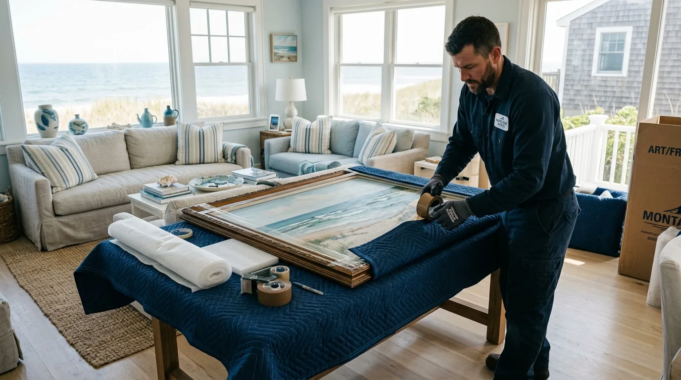 Mover wrapping framed art with blankets in a Montauk home Mover wrapping framed art with blankets in a Montauk home.