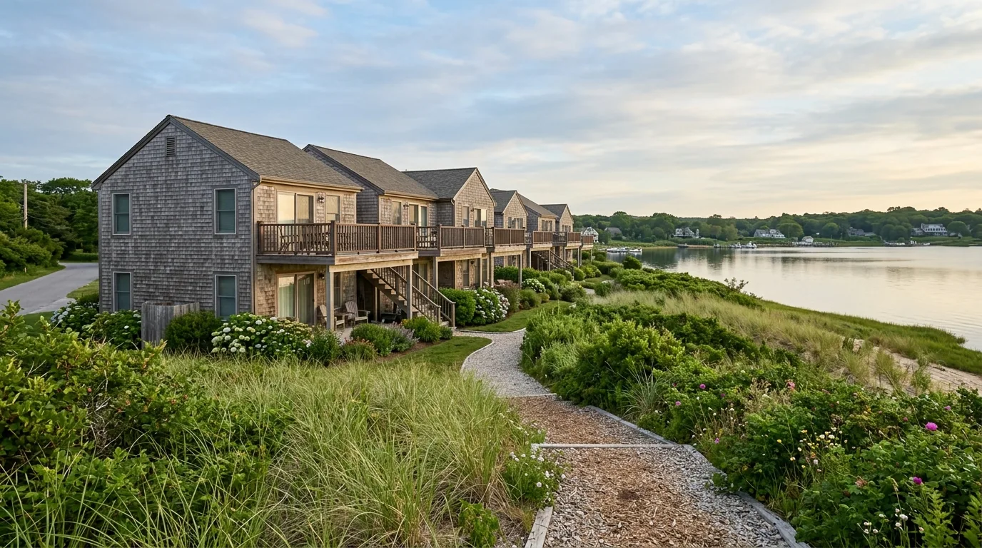 Montauk condos with cedar shingles and dune grass near Lake Montauk Montauk condos with cedar shingles and dune grass near Lake Montauk.