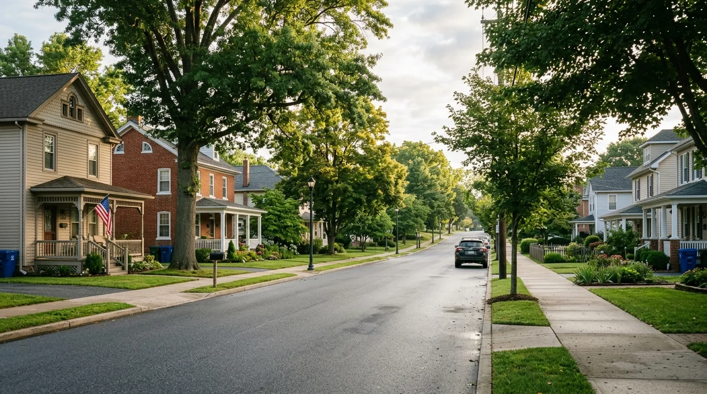 Tree-lined residential street in Palmyra, PA with older homes and morning light Tree-lined residential street in Palmyra, PA with older homes and morning light.