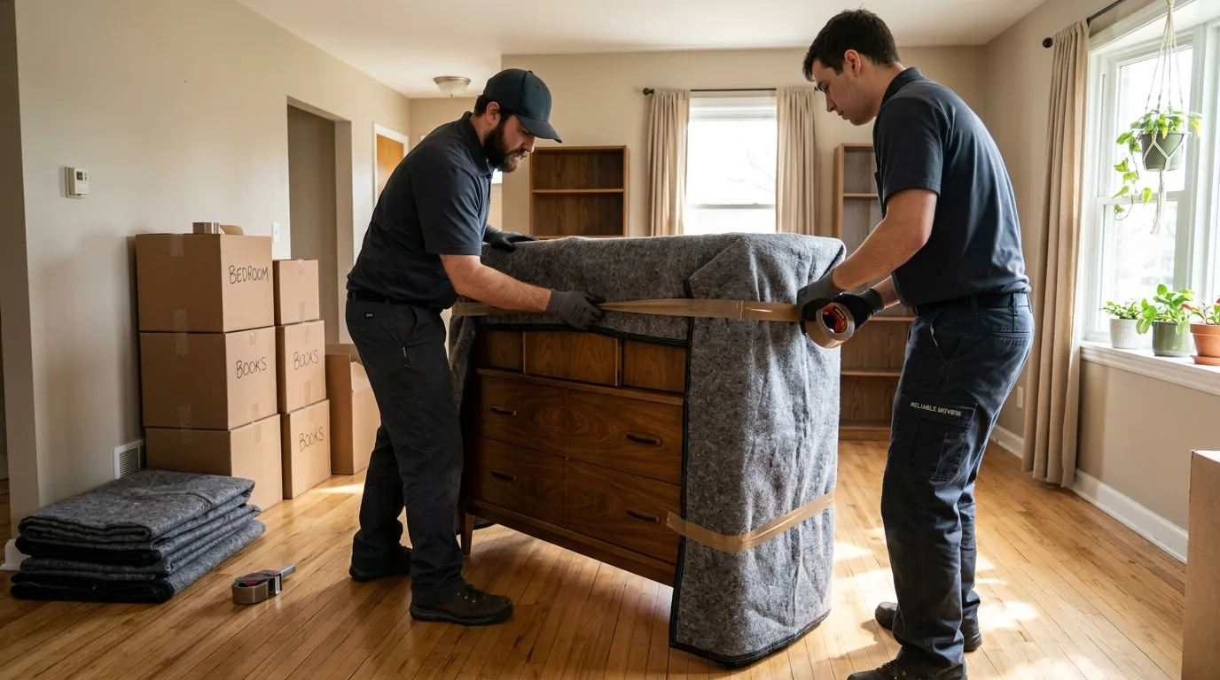 Movers wrapping a dresser with blankets and tape in a Palmyra living room Movers wrapping a dresser with blankets and tape in a Palmyra living room.