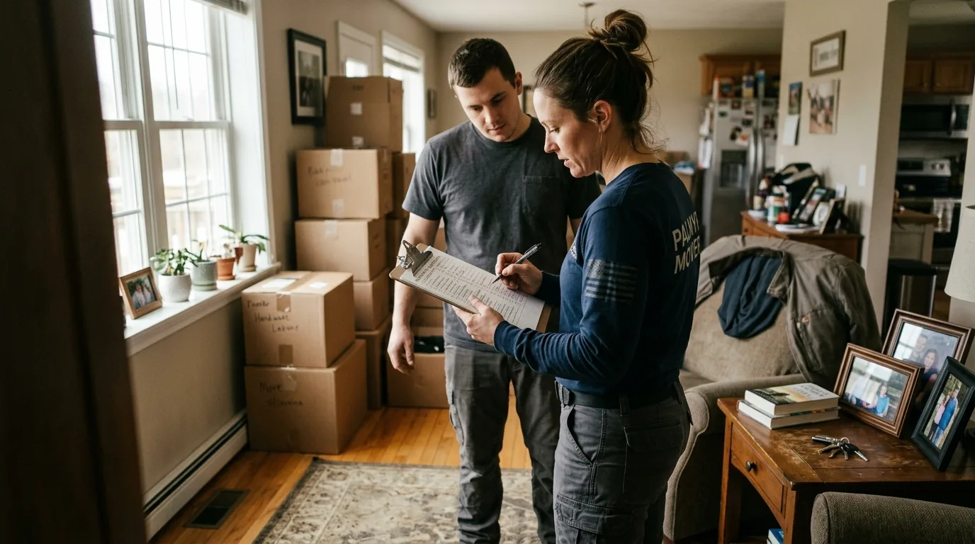 Mover with clipboard planning a move in a lived-in Palmyra home Mover with clipboard planning a move in a lived-in Palmyra home.