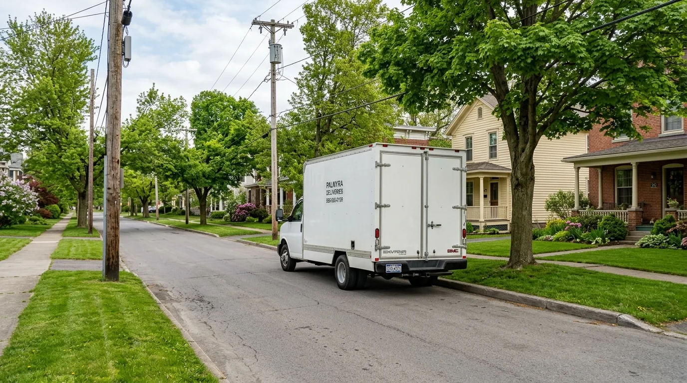 Moving truck parked on a wide residential street in Palmyra, PA Moving truck parked on a wide residential street in Palmyra, PA.