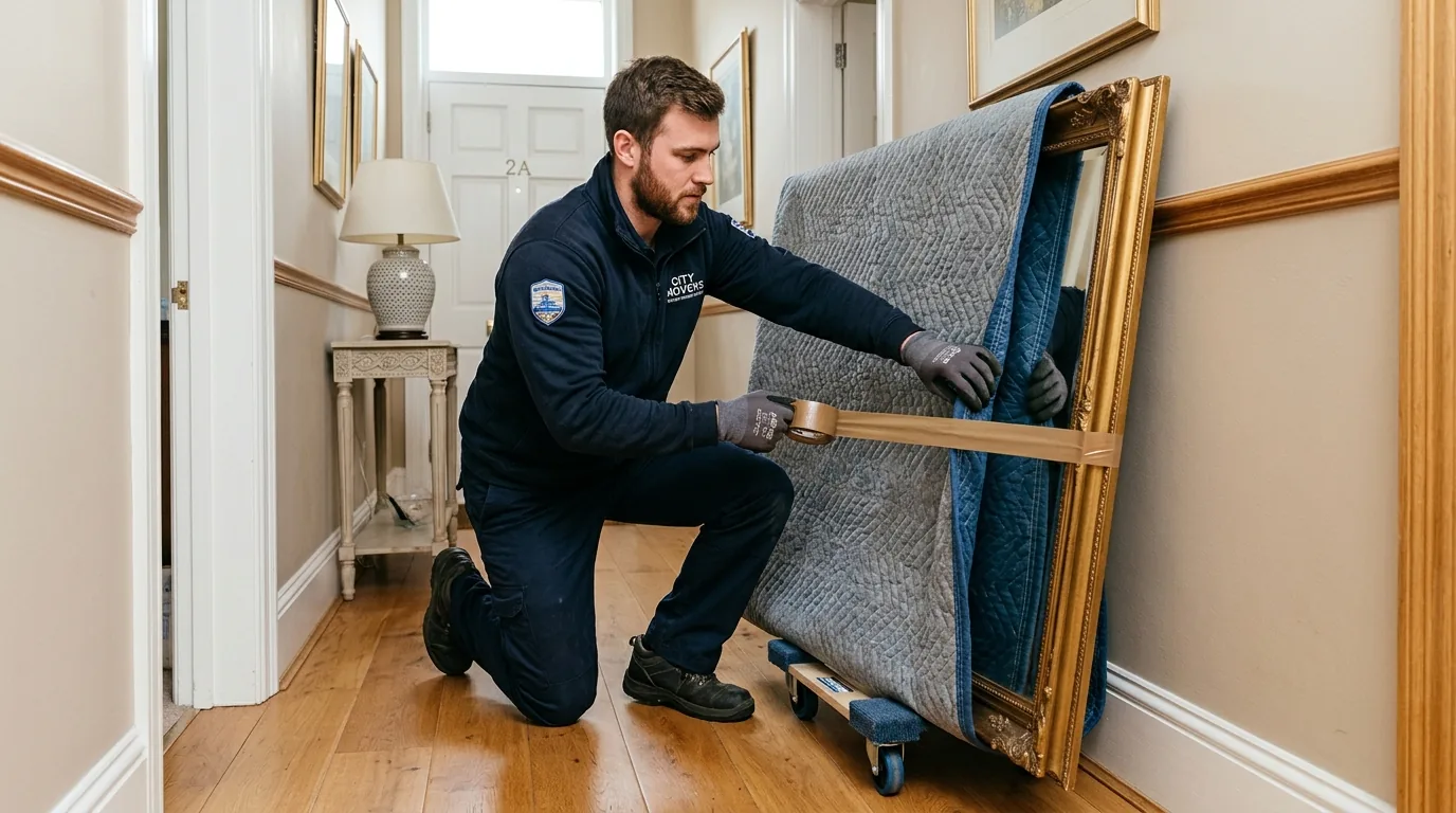 Mover wrapping a large mirror with a blanket in a Palmyra home hallway Mover wrapping a large mirror with a blanket in a Palmyra home hallway.