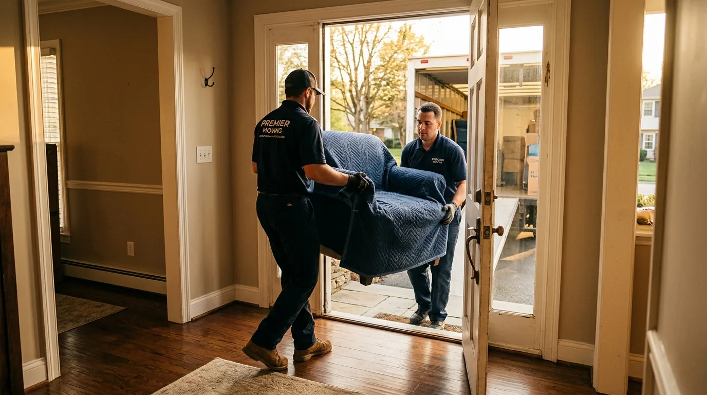 Movers carrying a wrapped chair out the door to a truck in Palmyra, PA Movers carrying a wrapped chair out the door to a truck in Palmyra, PA.