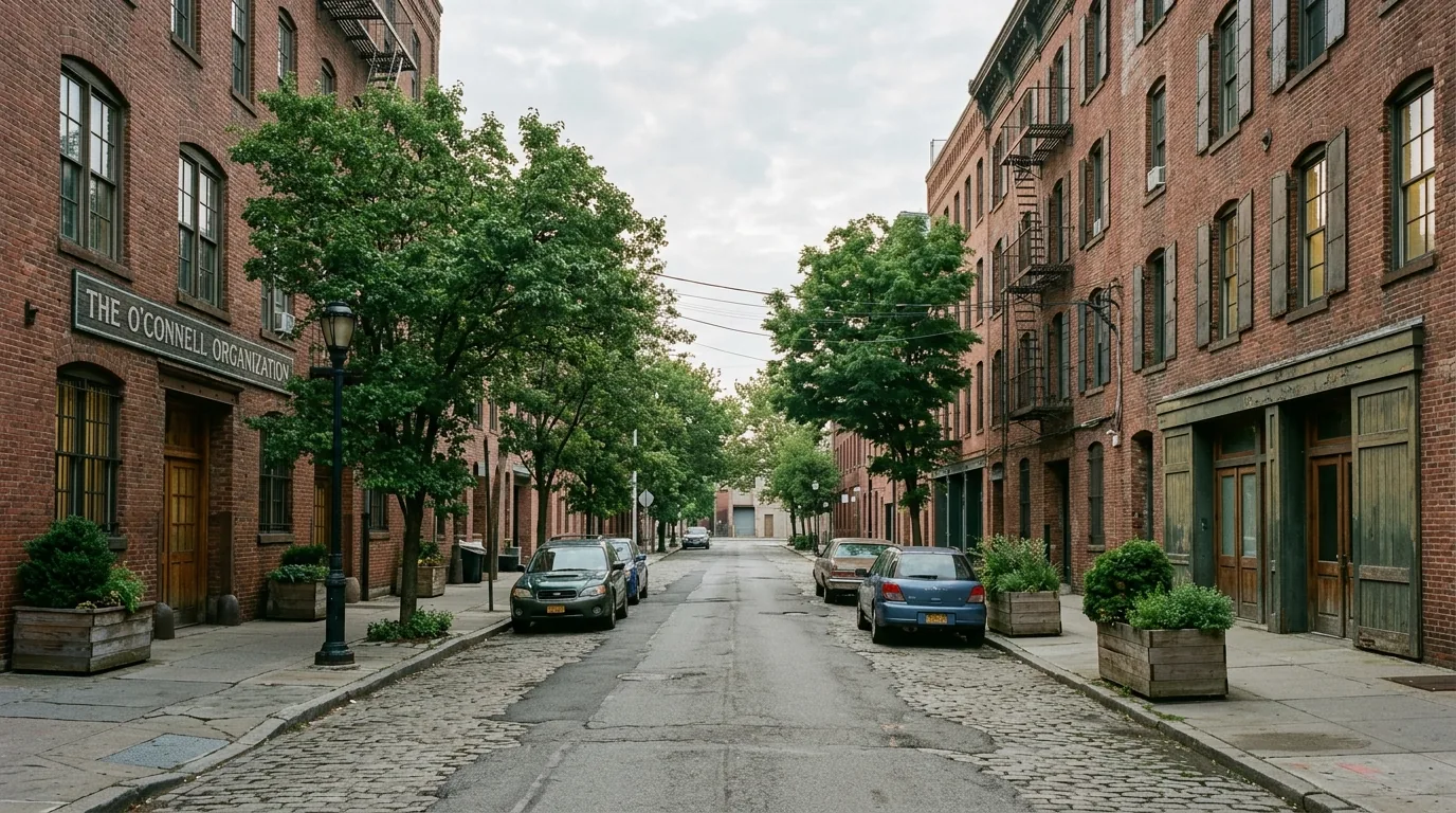 Red Hook street with brick warehouse lofts and trees in morning light.