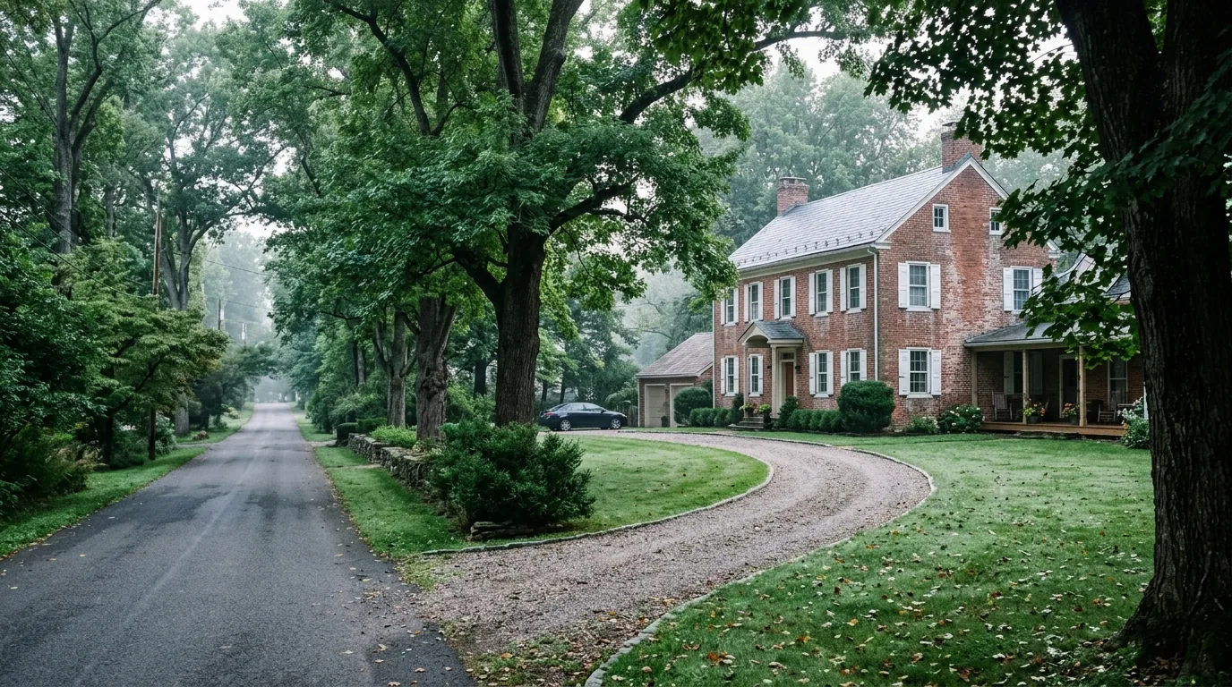 Tree-lined lane with a brick colonial home and long driveway in Ringoes, NJ Tree-lined lane with a brick colonial home and long driveway in Ringoes, NJ