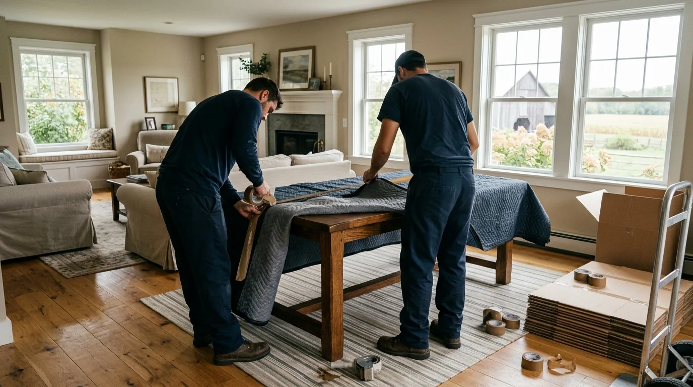 Movers wrapping a dining table in padded blankets inside a Ringoes farmhouse Movers wrapping a dining table in padded blankets inside a Ringoes farmhouse