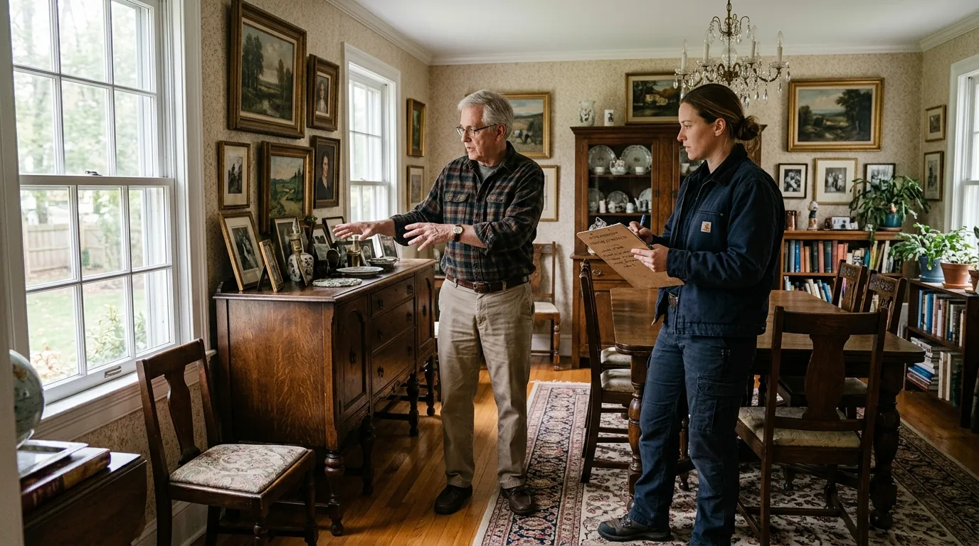 Crew lead with clipboard surveying a colonial dining room during a move walkthrough Crew lead with clipboard surveying a colonial dining room during a move walkthrough