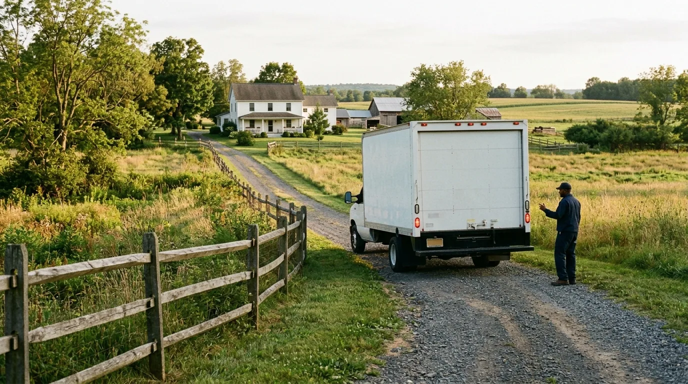 Moving truck backing down a long gravel driveway to a farmhouse in Ringoes Moving truck backing down a long gravel driveway to a farmhouse in Ringoes