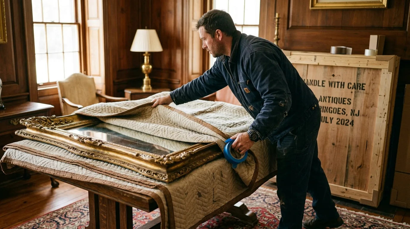 Mover blanket-wrapping an antique mirror beside a wood crate in a Ringoes home Mover blanket-wrapping an antique mirror beside a wood crate in a Ringoes home