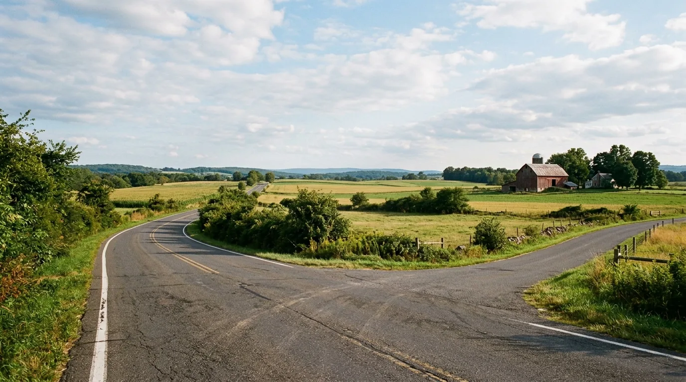 Open farmland and winding rural road in Hunterdon County near Ringoes, NJ Open farmland and winding rural road in Hunterdon County near Ringoes, NJ