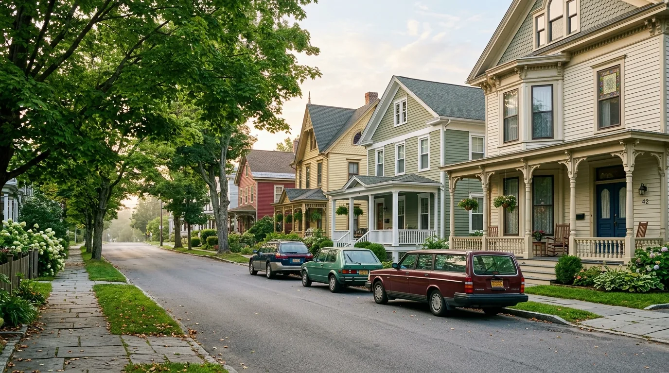Tree-lined street in Saugerties with historic Victorian and Colonial homes in soft morning light.
