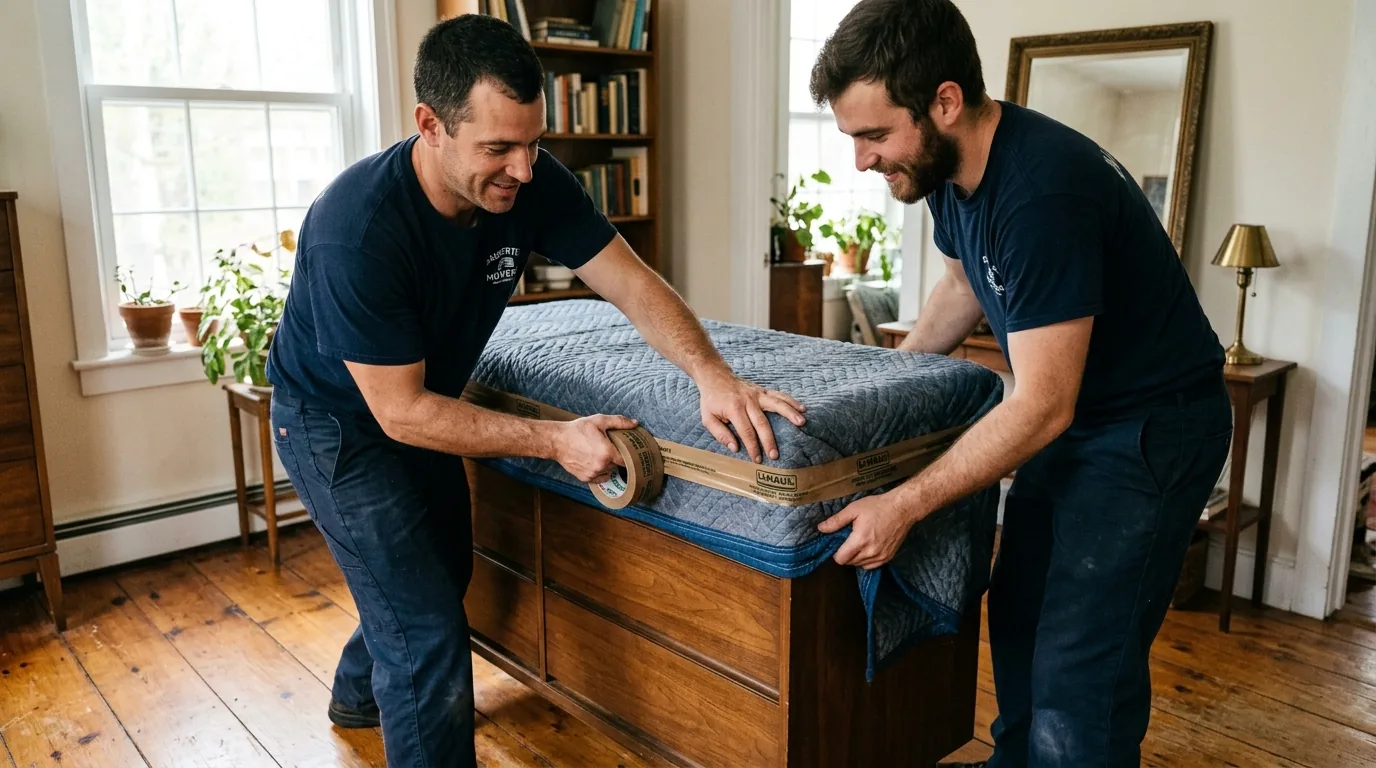 Movers in dark uniforms wrapping a wooden dresser with blankets and tape in a Saugerties home Movers in dark uniforms wrapping a wooden dresser with blankets and tape in a Saugerties home.