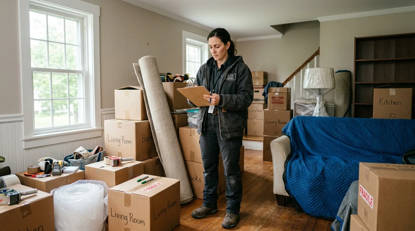Mover with clipboard reviewing checklist in a Saugerties living room with boxes and a rolled rug Mover with clipboard reviewing checklist in a Saugerties living room with boxes and a rolled rug.
